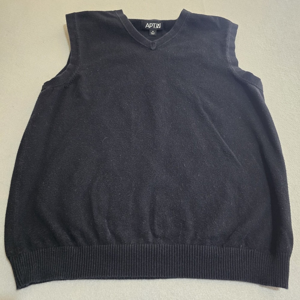 Apt 9 Mens Medium Black Sweater Vest V-Neck Cotton Blend Ribbed Pullover Knit - Picture 2 of 7